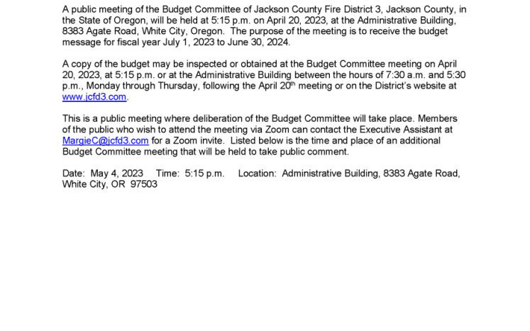NOTICE OF BUDGET COMMITTEE MEETING